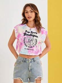 LOONEY TUNES X SHEIN Tie Dye Slogan & Cartoon Graphic Crop Tee - Multicolor - View 3