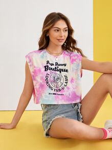 LOONEY TUNES X SHEIN Tie Dye Slogan & Cartoon Graphic Crop Tee - Multicolor - View 1
