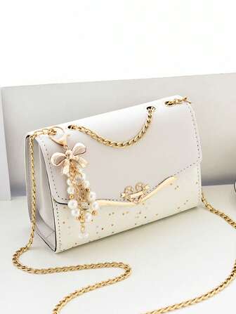 Star Pattern Flap Chain Square Bag With Bow Charm