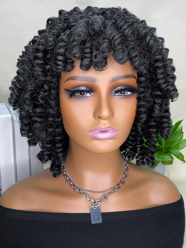 Synthetic Heat Resistant Wig Kinky Curly Hair Wig with Bangs Natural Black 14 inch Synthetic Wig Natural Daily Hair For Women