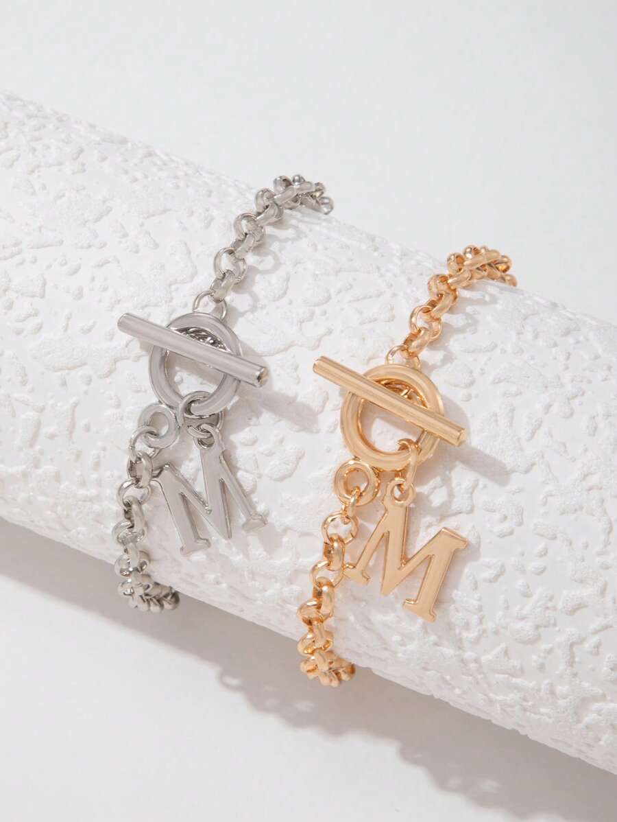 Pulsera con letra M para mujer, de moda y sencilla, paquete de 2 para regalo de fiesta - Multicolor - Ver 1