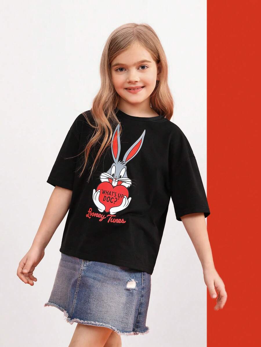 LOONEY TUNES X SHEIN 女孩1入組卡通和標語圖案落肩T恤 - 黑色 - 查看 1