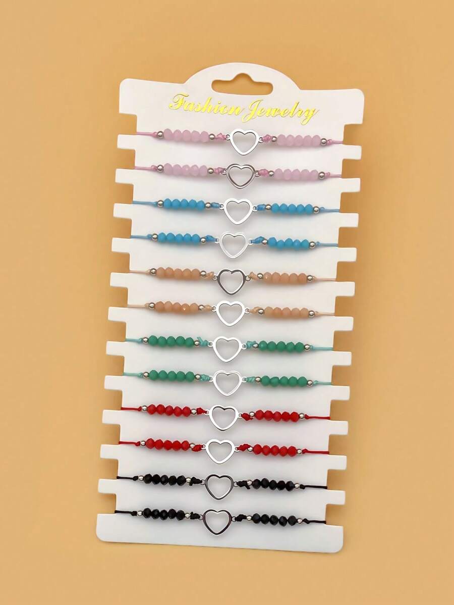 12pcs Heart & Beaded Decor Bracelet Valentines,Mom,Mother,Mother's Day,Gift - Multicolor - View 1