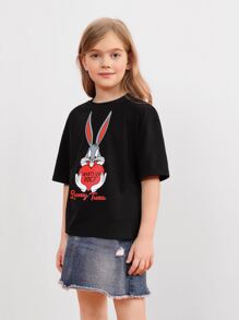 LOONEY TUNES X SHEIN Tween Girl 1pc Cartoon & Slogan Graphic Drop Shoulder Tee - Black - View 4