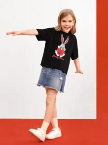 LOONEY TUNES X SHEIN Tween Girl 1pc Cartoon & Slogan Graphic Drop Shoulder Tee - Black - View 7