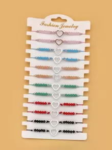 12pcs Heart & Beaded Decor Bracelet Valentines,Mom,Mother,Mother's Day,Gift - Multicolor - View 4