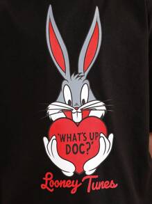 LOONEY TUNES X SHEIN Tween Girl 1pc Cartoon & Slogan Graphic Drop Shoulder Tee - Black - View 8
