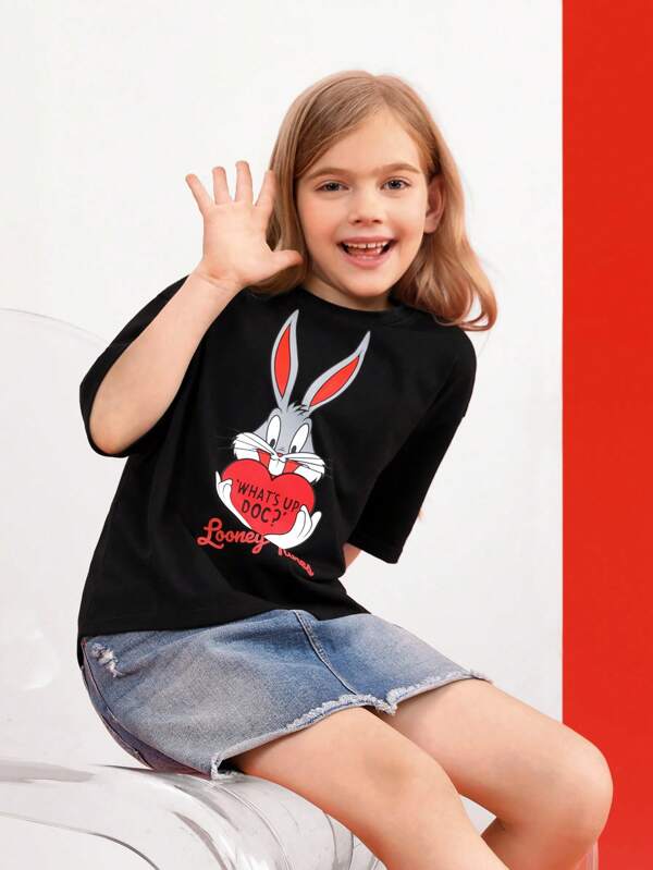 LOONEY TUNES X SHEIN Casual Spotprent Slogan Meisje t-shirt & tank