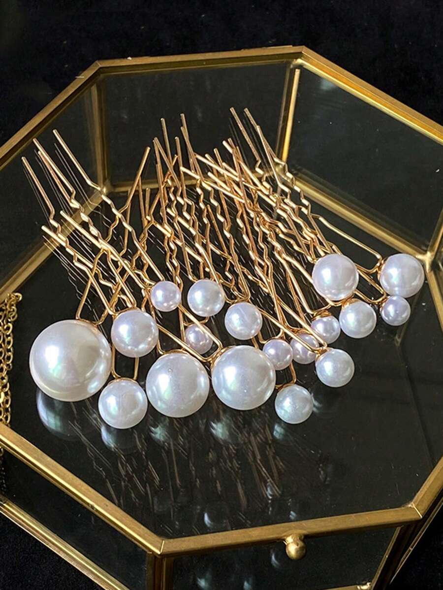 18 chiếc kẹp tóc cô dâu trang trí bằng ngọc trai giả - Vàng - Xem 1