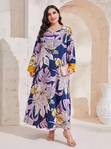 Mulvari Plus Tropical Print Notched Neckline Dress - Multicolor - View 1