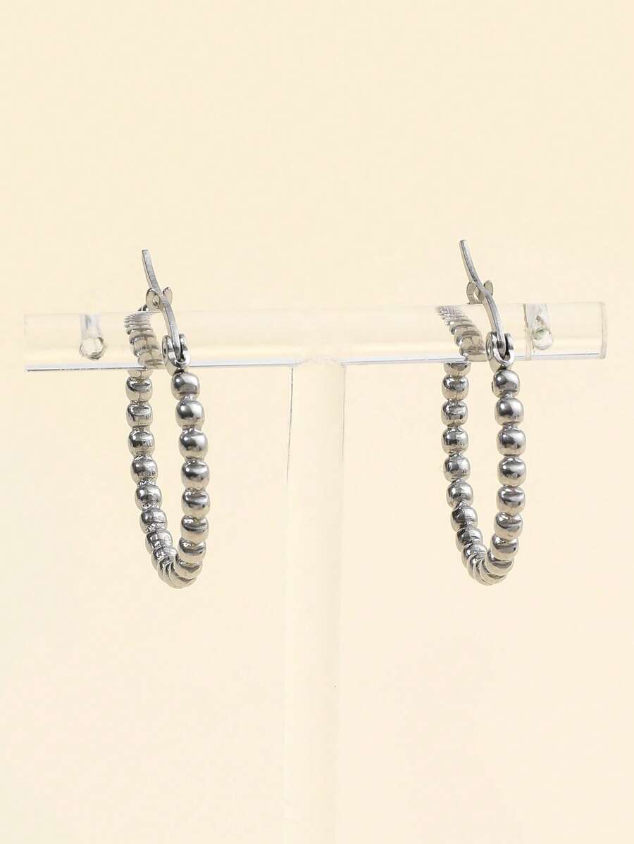 珠子裝飾圓耳環 - 銀色 - 查看 1