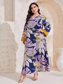Mulvari Plus Tropical Print Notched Neckline Dress - Multicolor - View 3