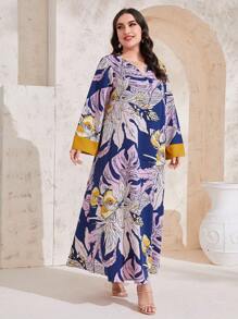 Mulvari Plus Tropical Print Notched Neckline Dress - Multicolor - View 4