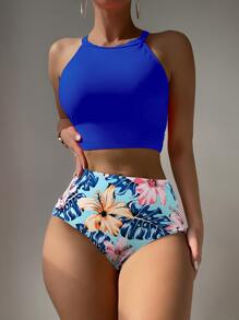 SHEIN Swim Summer Beach Random Tropical Print Bikini Set Cut Out Back Halter Top & High Waist Bikini Bottom 2 Pieces Swimwear - Blue - View 5