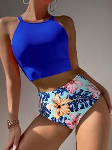 SHEIN Swim Summer Beach Random Tropical Print Bikini Set Cut Out Back Halter Top & High Waist Bikini Bottom 2 Pieces Swimwear - Blue - View 7