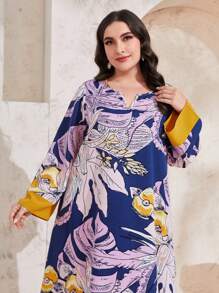 Mulvari Plus Tropical Print Notched Neckline Dress - Multicolor - View 5