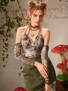 蝴蝶圖案打褶繞頸上衣和1雙袖套 - 彩色 - 查看 1