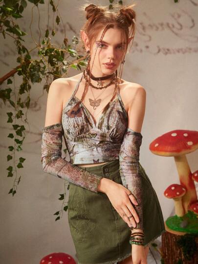 蝴蝶圖案打褶繞頸上衣和1雙袖套