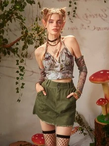 蝴蝶圖案打褶繞頸上衣和1雙袖套 - 彩色 - 查看 3