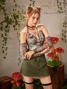 蝴蝶圖案打褶繞頸上衣和1雙袖套 - 彩色 - 查看 4