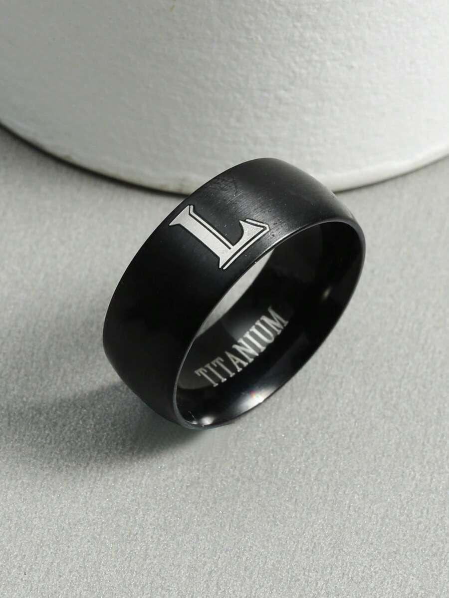 男士字母圖案戒指 - 黑色 - 查看 1