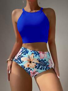 SHEIN Swim Summer Beach Random Tropical Print Bikini Set Cut Out Back Halter Top & High Waist Bikini Bottom 2 Pieces Swimwear - Blue - View 8