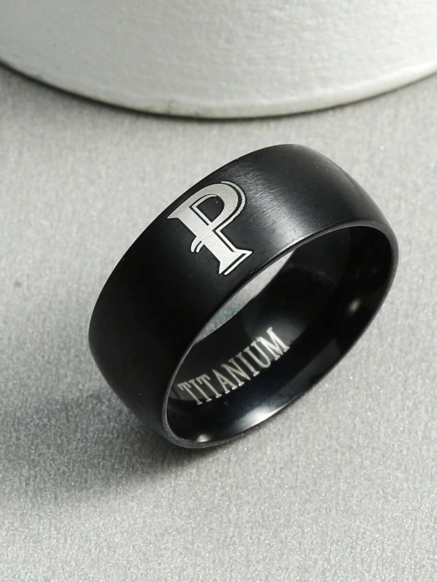 1入組時尚不銹鋼字母圖案戒指適合男士日常裝飾 - 黑色 - 查看 1