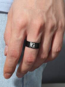 男士字母圖案戒指 - 黑色 - 查看 2