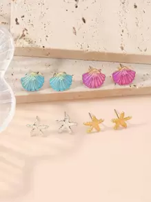 8入組海星和貝殼裝飾耳釘