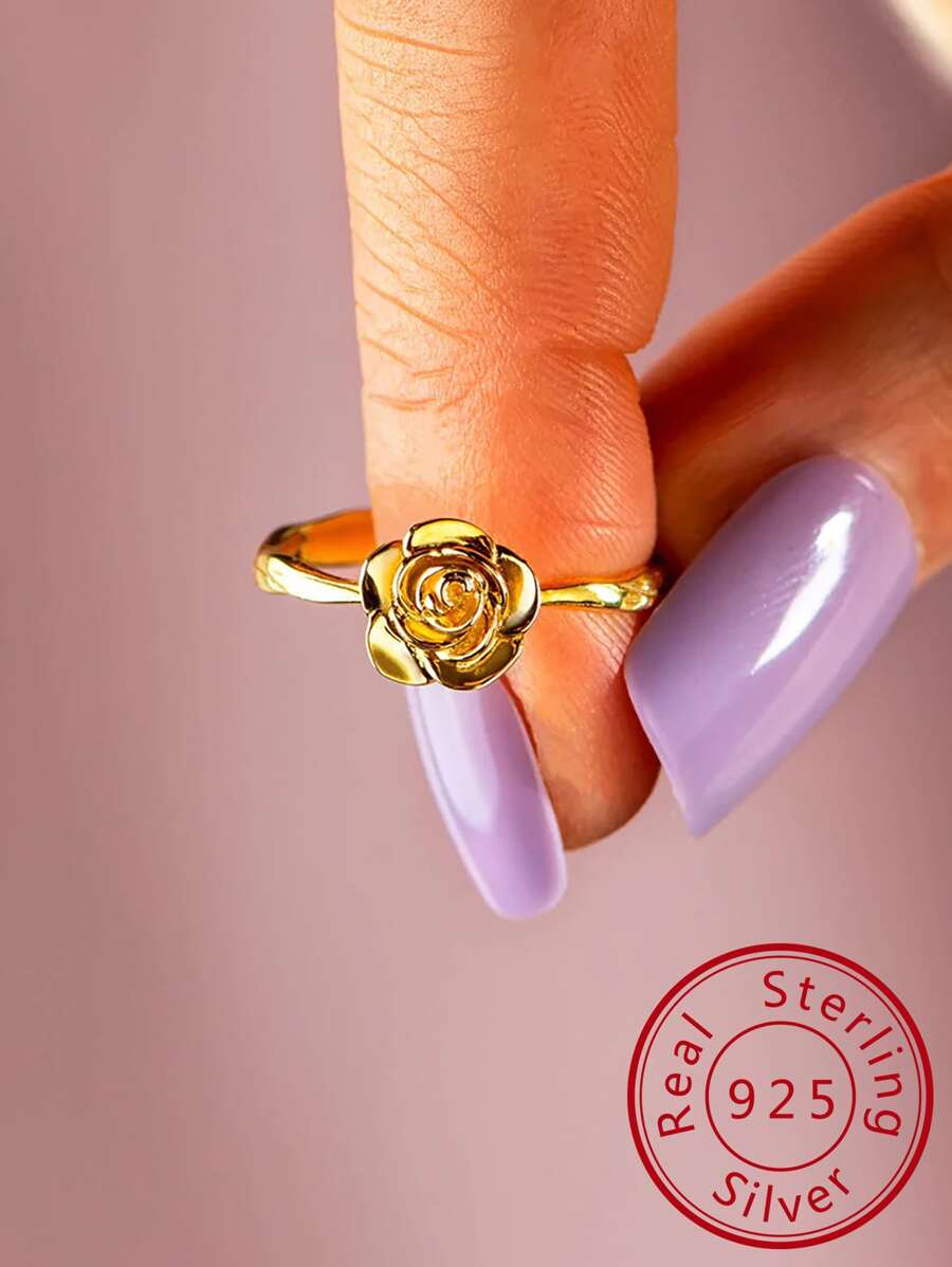 花朵裝飾銀戒指 - 金色 - 查看 1