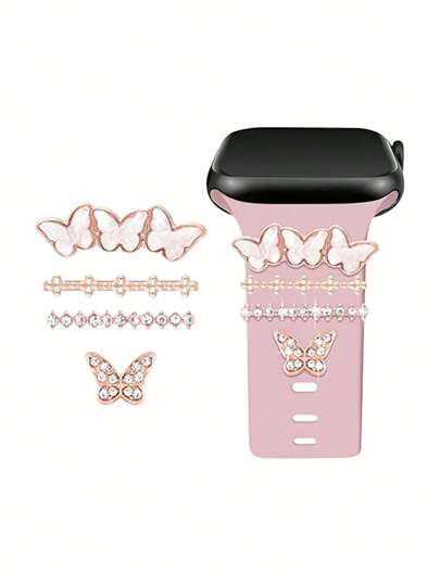 4pcs Watch Band Decorative Rings, Heart Shaped Rhinestone Decor Compatible With Apple Watch/ Watch/ Watch