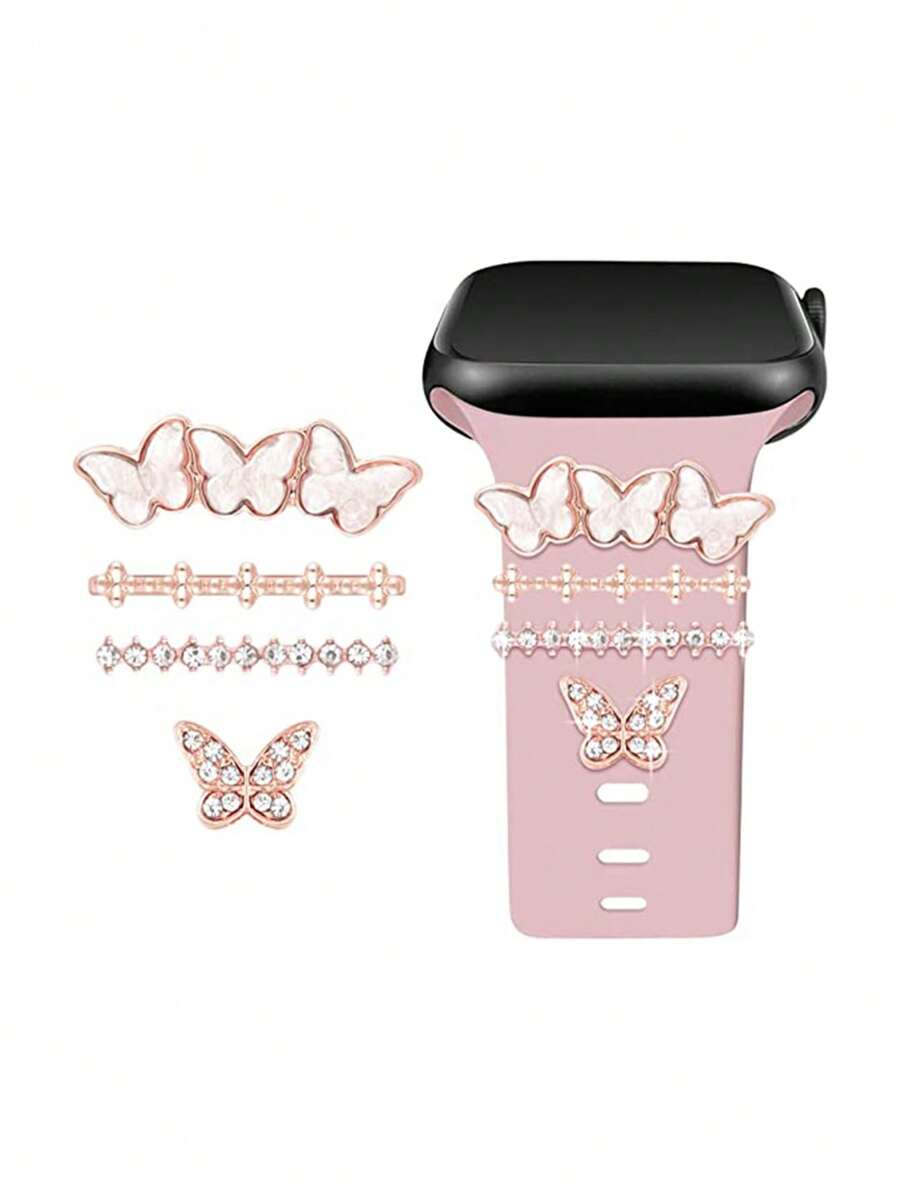 4pcs Watch Band Decorative Rings, Heart Shaped Rhinestone Decor Compatible With Apple Watch/ Watch/ Watch - Dusty Pink - View 1