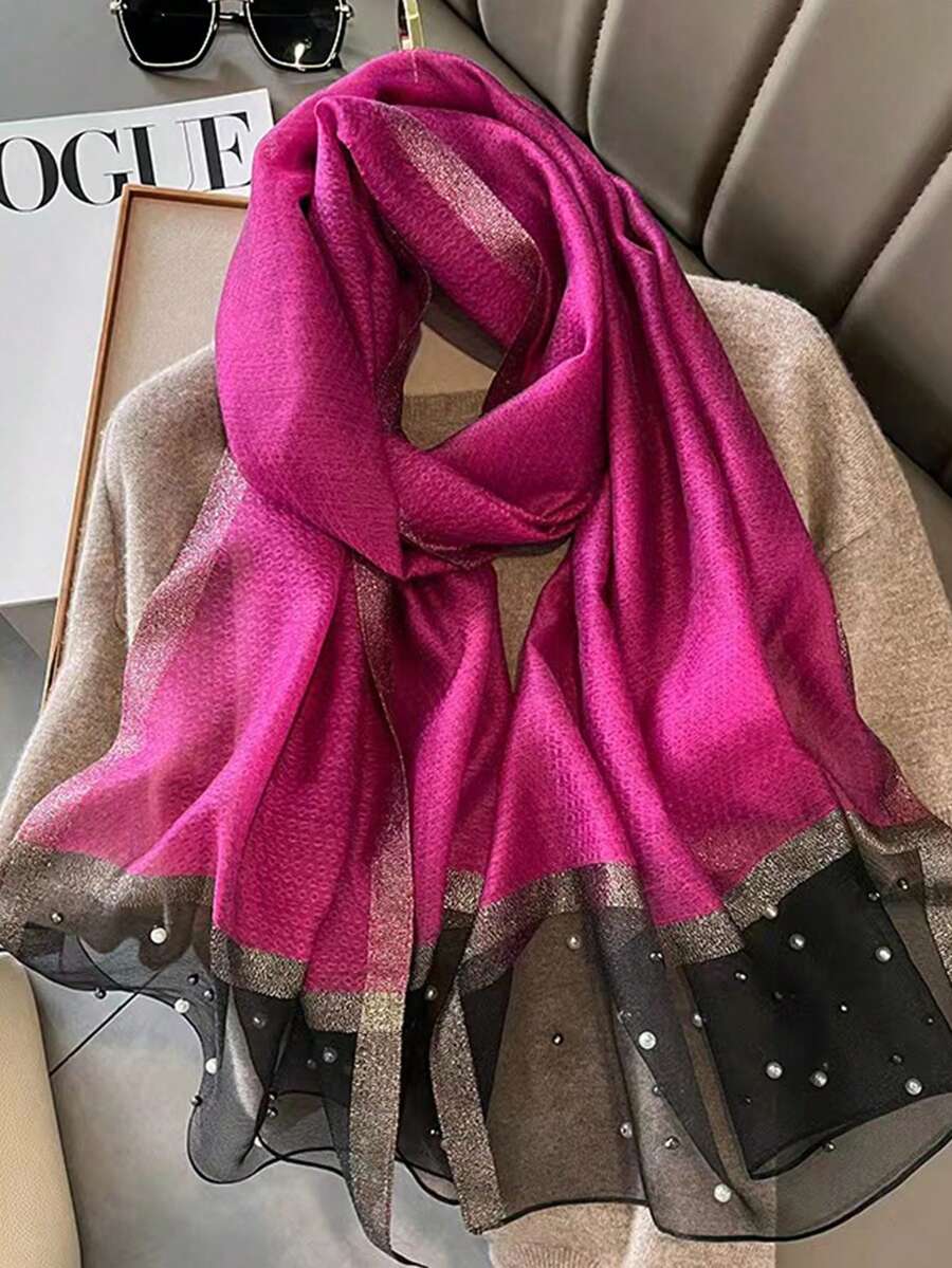 Lenço/xale/touca de seda sintética com aplicações de pérolas (1 peça), ideal para uso diário. - Rosa Quente - Ver 1