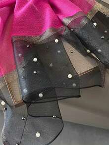 Lenço/xale/touca de seda sintética com aplicações de pérolas (1 peça), ideal para uso diário. - Rosa Quente - Ver 3