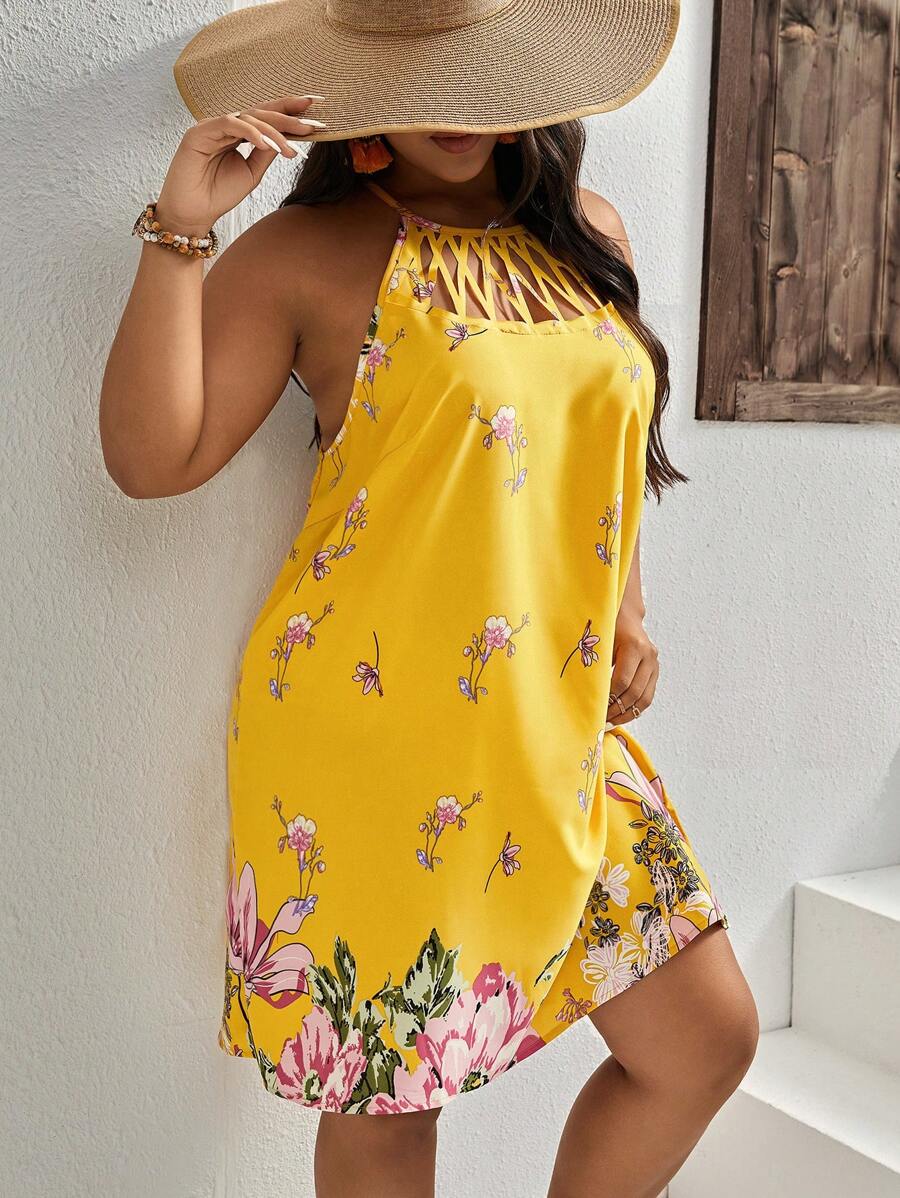 SHEIN Clasi Plus Floral Print Cut Out Dress - Yellow - View 1