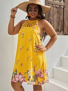 SHEIN Clasi Plus Floral Print Cut Out Dress - Yellow - View 3