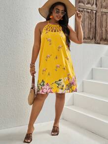 SHEIN Clasi Plus Floral Print Cut Out Dress - Yellow - View 5