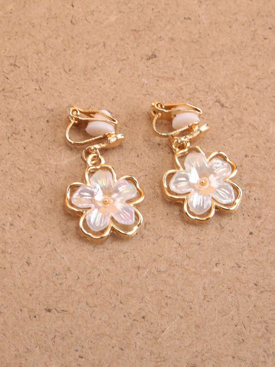 1pair Fashionable Zinc Alloy Flower Decor Clip On Earrings For Women For Daily Decoration Valentines - White - View 1