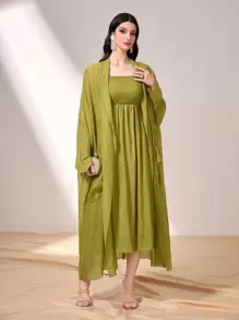 Al Najma 素色吊帶連衣裙和開門襟外套 - 綠色 - 查看 1