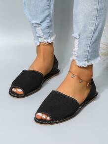 女士極簡魚嘴優雅黑色織物露跟平底鞋