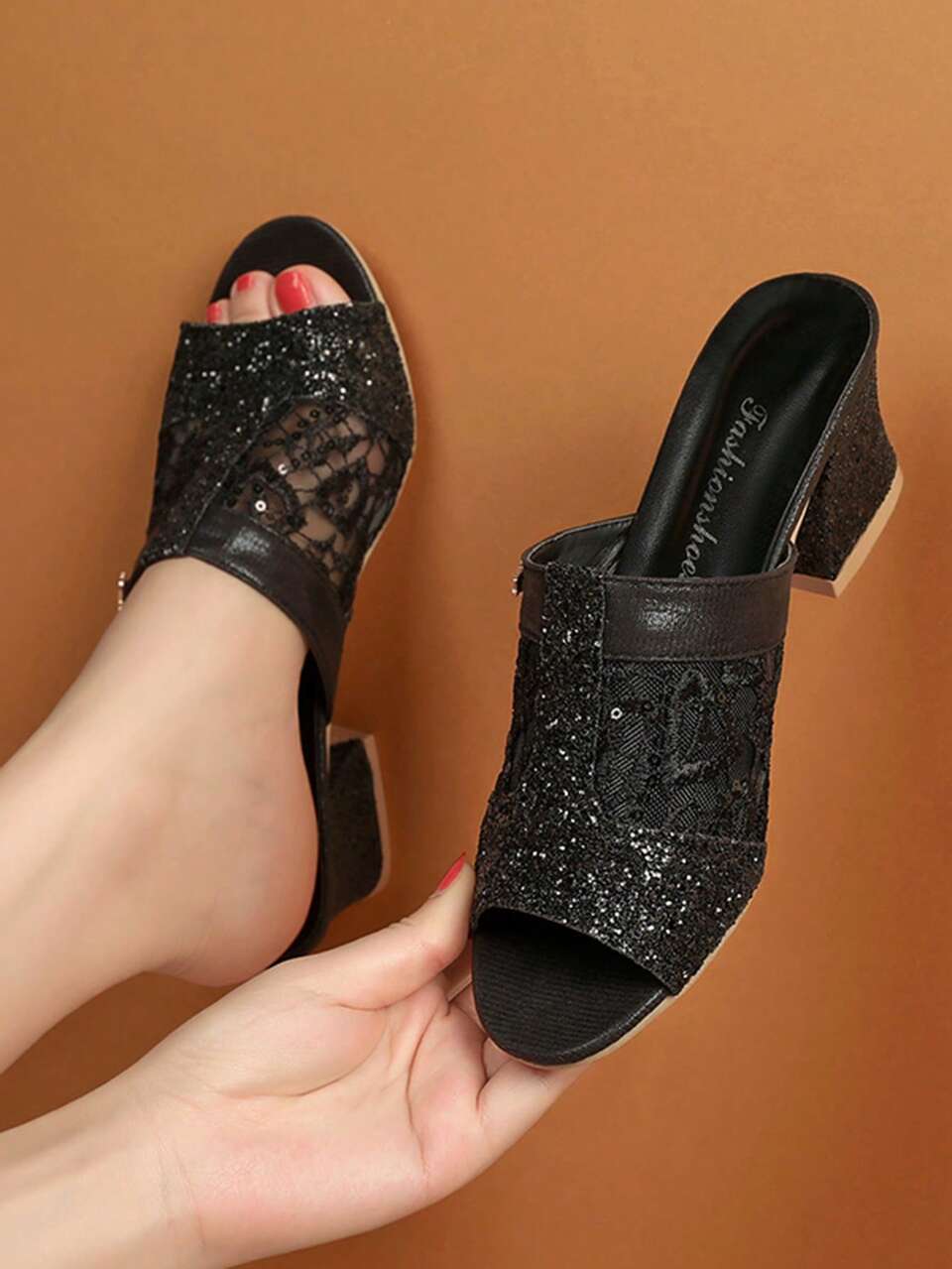 Women Sequin Decor Chunky Heeled Mule Sandals, Elegant Black Sandals For Outdoor,Spring Summer Outfits