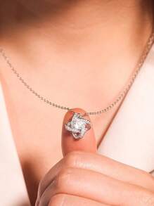 方晶鋯石裝飾銀項鍊 - 銀色 - 查看 2