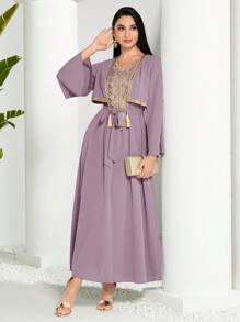 Modelyn Vestido modesto de manga larga con cinturón y cinta de contraste - Rosa vieja - Ver 1