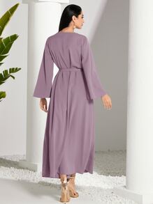 Modelyn Vestido modesto de manga larga con cinturón y cinta de contraste - Rosa vieja - Ver 2