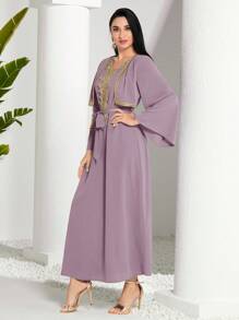 Modelyn Vestido modesto de manga larga con cinturón y cinta de contraste - Rosa vieja - Ver 4