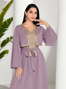 Modelyn Vestido modesto de manga larga con cinturón y cinta de contraste - Rosa vieja - Ver 5