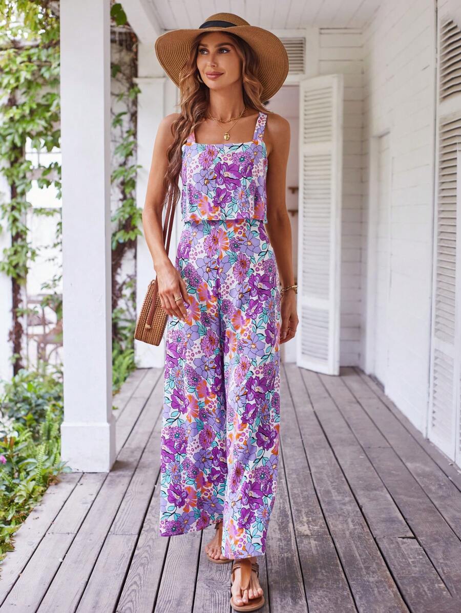 Breezaya 滿版印花闊腿吊帶連體褲 - 紫色 - 查看 1