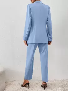 SHEIN Privé Double Breasted Blazer & Trousers - Baby Blue - View 2