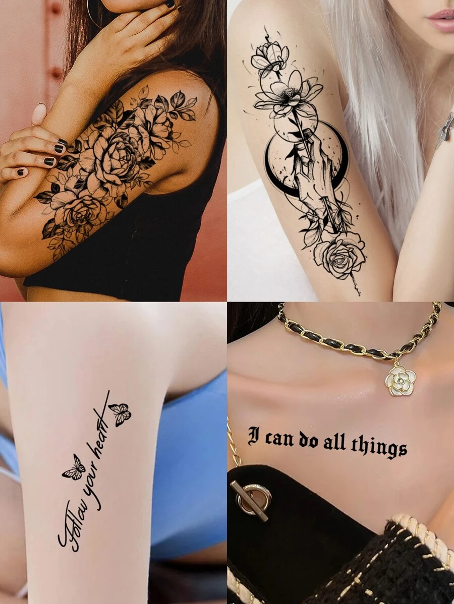 4 feuilles Sticker de tatouages à motif fleur - Noir - Voir 1
