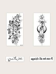 4 feuilles Sticker de tatouages à motif fleur - Noir - Voir 2